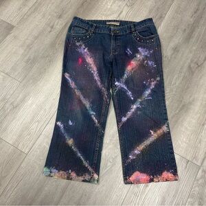 Deep Dark Wash Boot-Cut Jeans with Multicolor Paint Splatter Crop Jeans (1030)